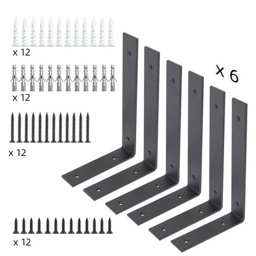 6 Pack Heavy Duty 8 Inch Black Shelf Brackets, L Shelf Bracket 8 Inch for Floating Shelves, 1/5-Inch Thick