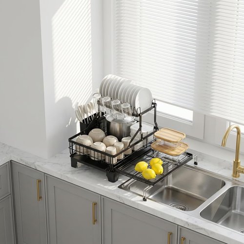 GSlife Large Dish Drying Rack 2 Tier, Expandable Kitchen Dish Drainer for Pots and Pans, 360° Swivel Spout, Rust-Resistant Metal Dish Rack with Utensil & Cup Holder, 16.9" W x 14.4"-22.4" L, Black