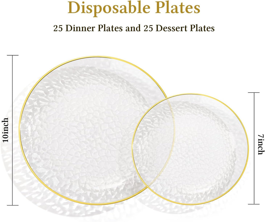 Regine Switzerland Crystal Clear Plastic Plates - Elegant Gold Rim Disposable Dinnerware Set | 50 Pcs (25 Dinner & 25 Salad Plates) for Weddings & Parties