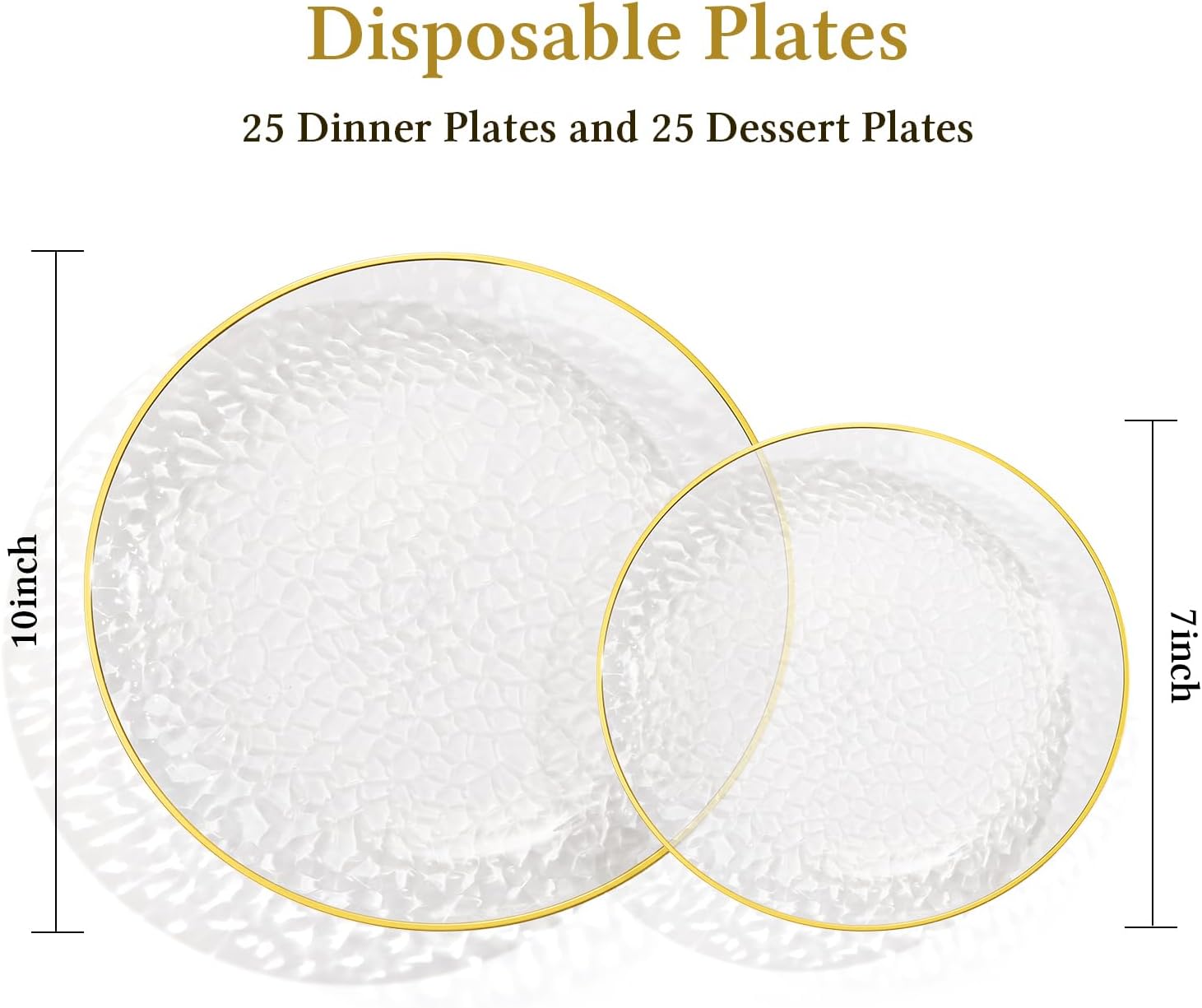 Regine Switzerland Crystal Clear Plastic Plates - Elegant Gold Rim Disposable Dinnerware Set | 50 Pcs (25 Dinner & 25 Salad Plates) for Weddings & Parties