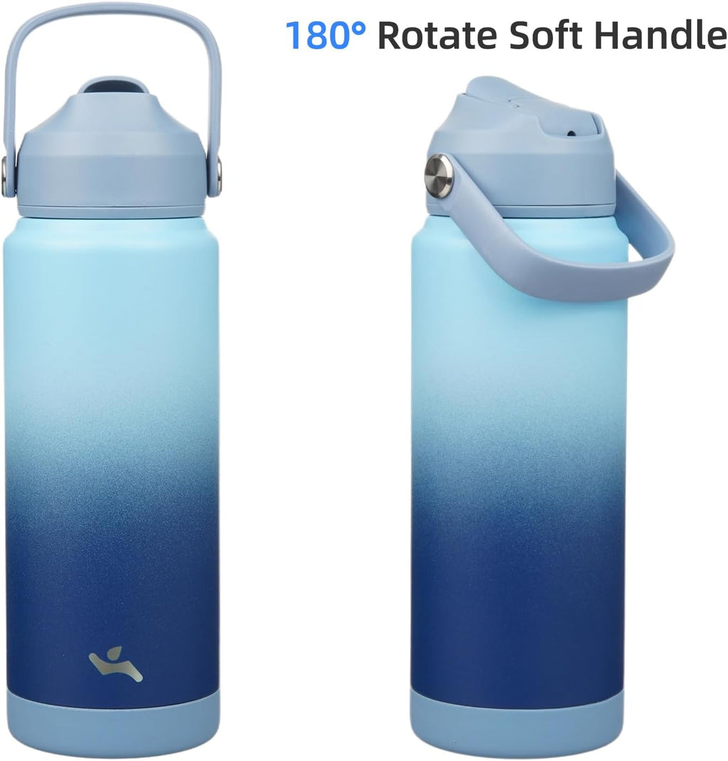 Skiennix Insulated Water Bottle - 24 oz Stainless Steel with Straw Lid & Silicone Handle - Sky Blue
