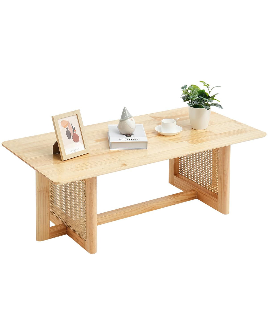 VEVOR Rattan Coffee Table, Rectangle Woven With Rubber Wood Top, 47-Inch Modern Boho Storage Table With Natural Legs, for Living Room, Bedroom & Small Spaces