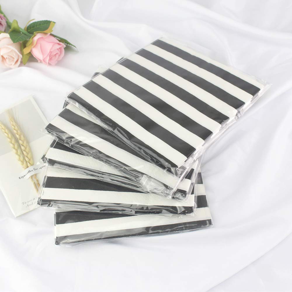 Paper Napkins White Black Stripes, Decorative Dinner Luncheon Napkins for Party Events 100count, folded 6.5” x 6.5”, unfolded 13” x 13”
