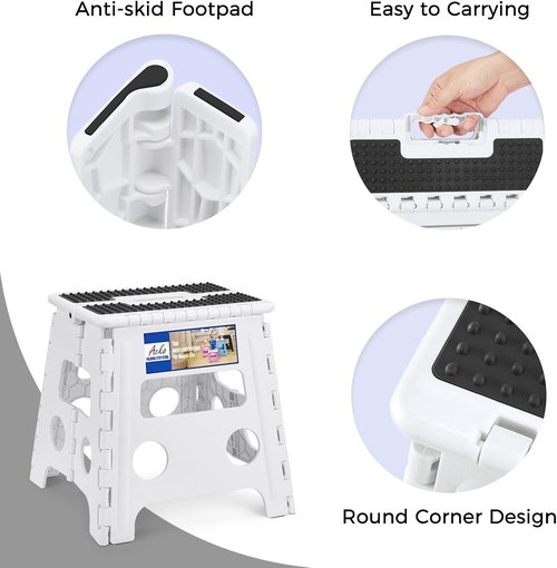 ACKO Folding Step Stool - 13" Heavy-Duty Step Stool for Adults & Kids | Versatile White Design for Kitchen & Garden