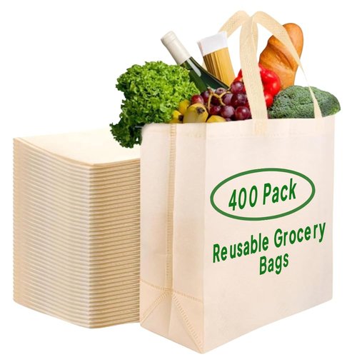 Simply Cool 50 Pack Reusable Eco-Friendly Grocery Shopping Bags 12.6"x6.3"x11.8" Durable, Recyclable, Washable, Foldable, Portable Tote Bags Bulk (50 Pack,Cream)