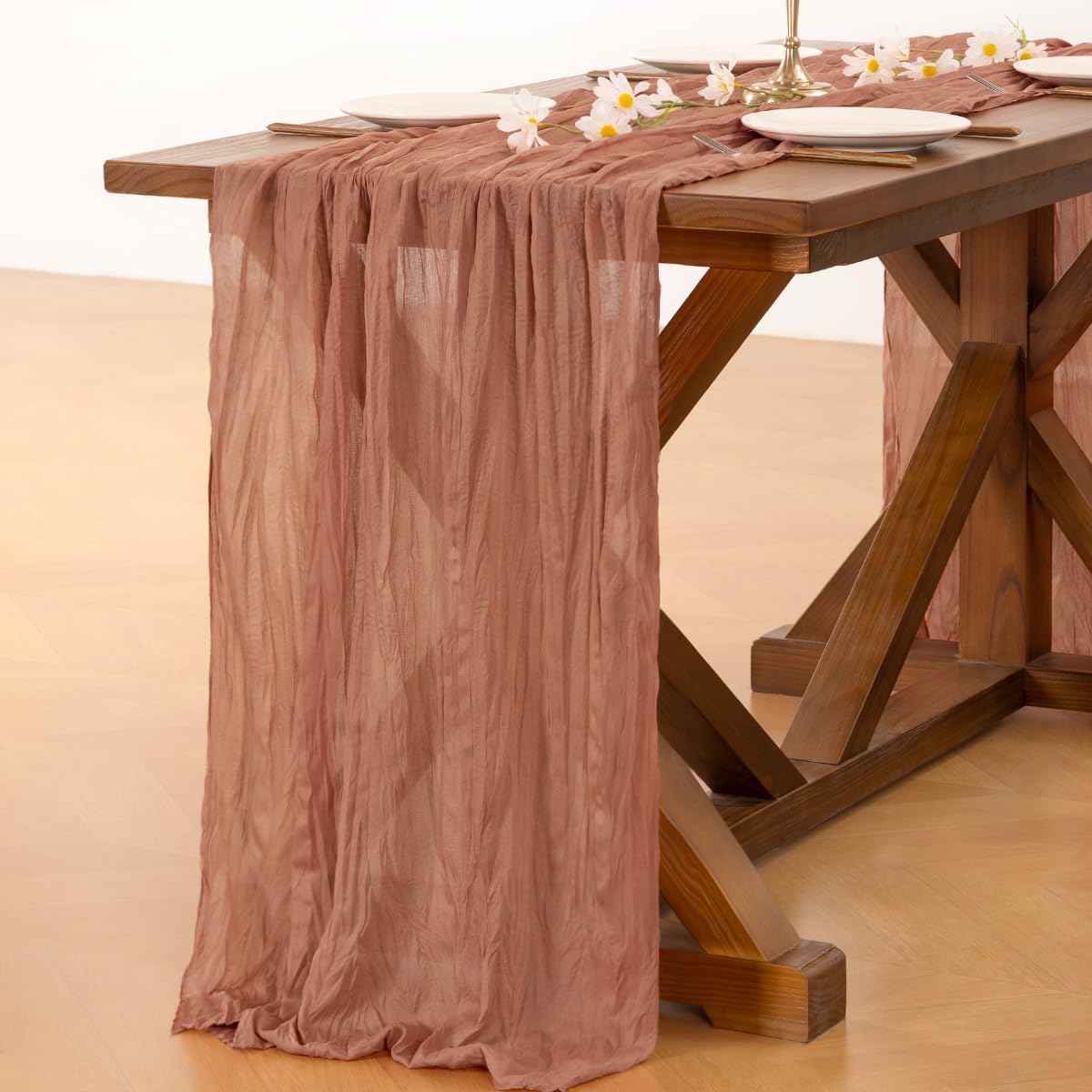 Socomi Cheesecloth Table Runner - Dusty Rose Boho Style | 120 Inch Sheer Decor for Weddings & Events