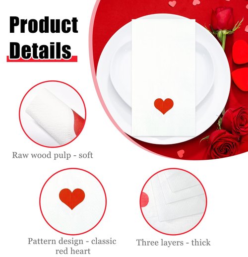 HEIPINIUYE 50 Pieces Valentine Paper Napkins 3-ply White and Red Valentines Heart Guest Napkins Disposable Hand Towels for Bathroom Wedding Valentine's Day Love Party Dinner Napkin