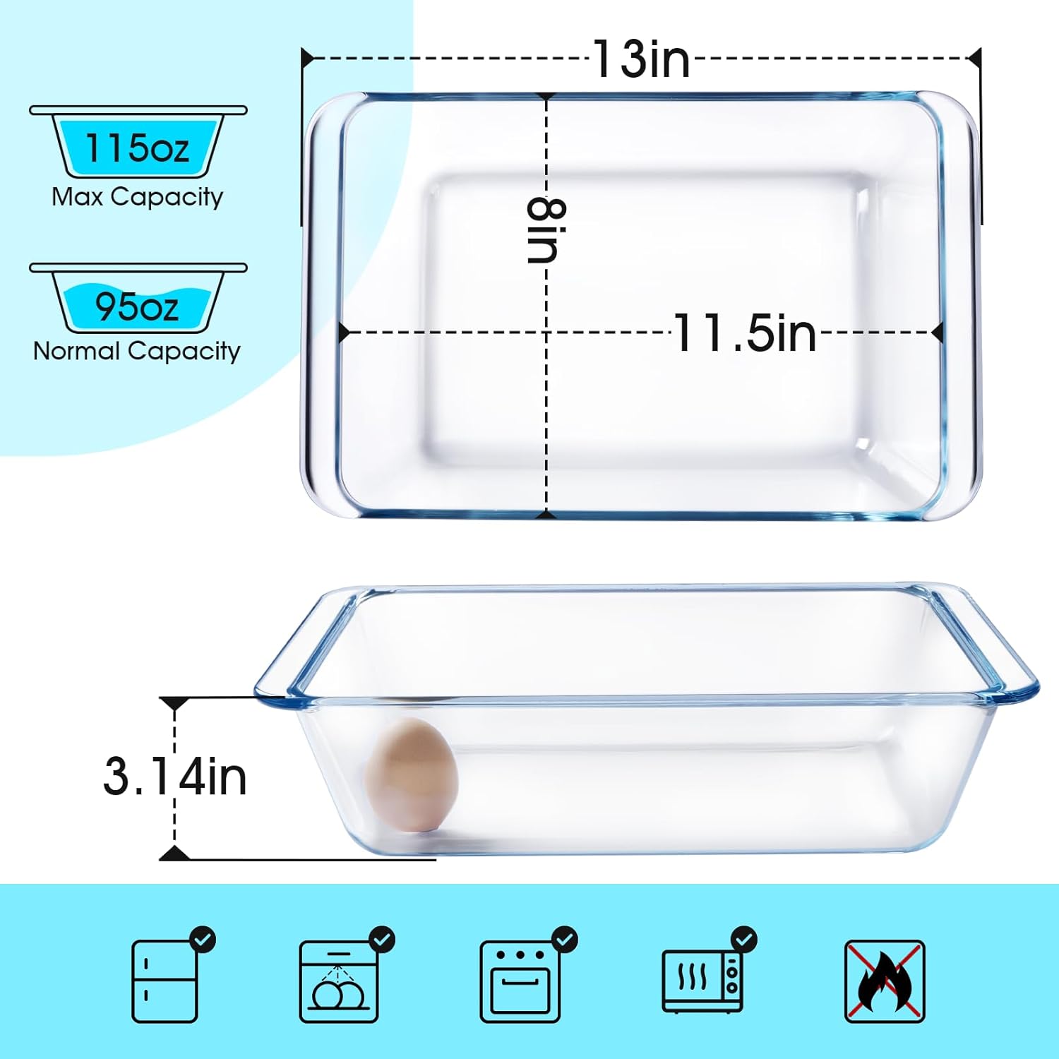 NUTRIUPS 3.7QT Rectangular Deep Glass Baking Dish - Durable Oven Bakeware for Casseroles