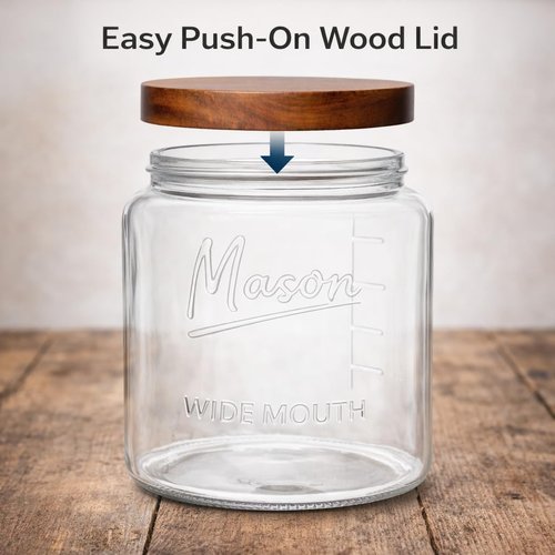 Kitchentoolz Half Gallon Glass Mason Jars with Airtight Push to Close Wooden Lids - Food Storage & Canning Jars with Measurement Markings - Pantry Containers for Flour, Sugar & Dry Goods - 64 oz (4pk)
