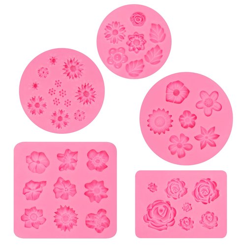 Muyulin Mini Rose Flowers Chocolate Silicone Molds, 5 Packs Plumeria Fondant Molds Chrysanthemum Mould for Birthday Cake Decoration Cupcake Toppers Sugar Craft Cookie Polymer Clay Resin