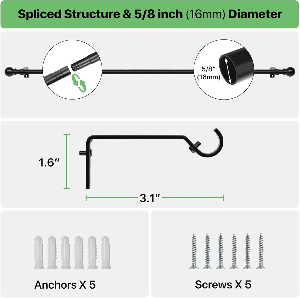Skiennix Black Curtain Rod Set - Adjustable 28 to 48 Inch Metal Drapery Rod with Brackets | Matte Finish for Bedroom, Kitchen, Living Room