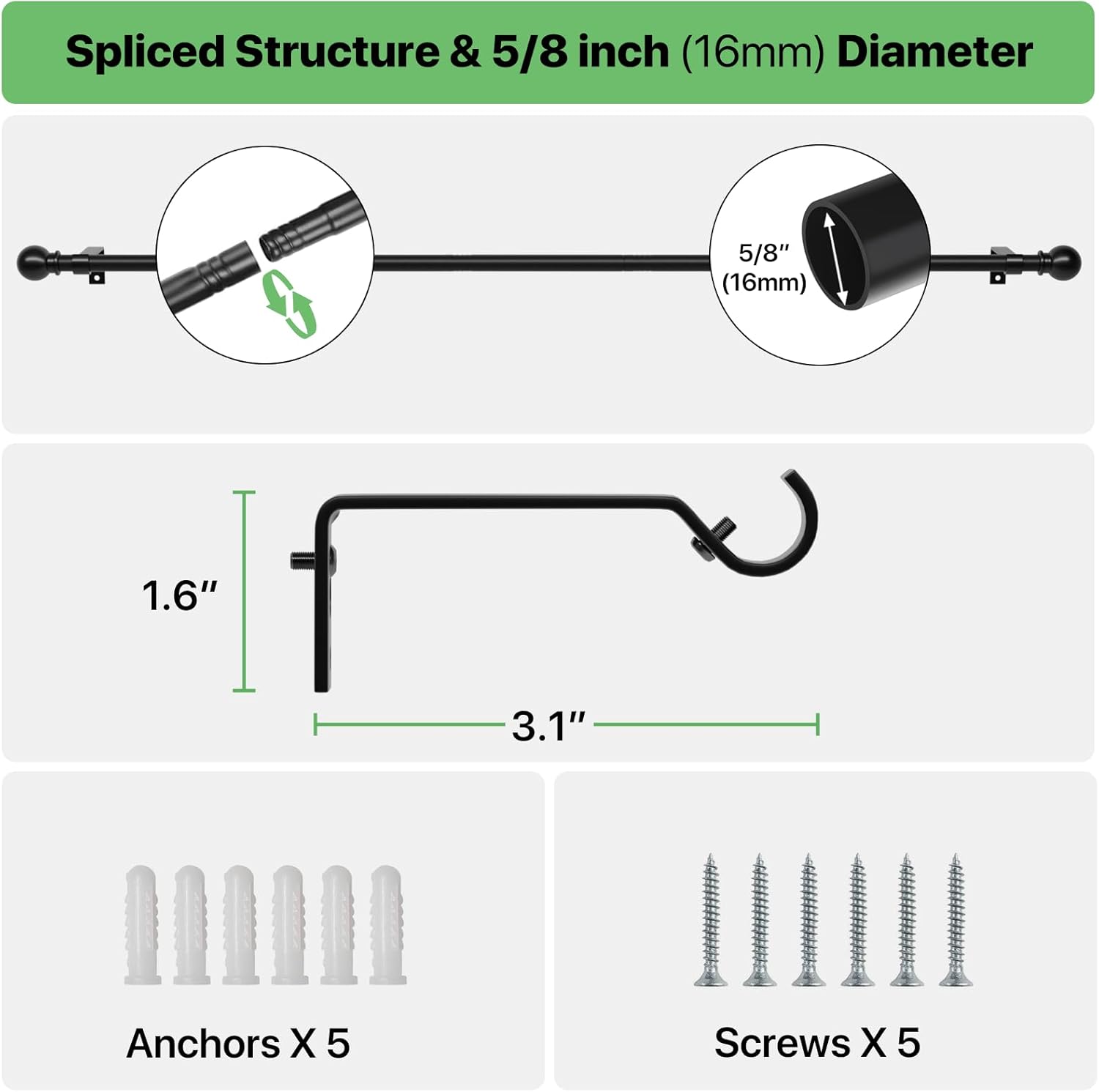 Skiennix Black Curtain Rod Set - Adjustable 28 to 48 Inch Metal Drapery Rod with Brackets | Matte Finish for Bedroom, Kitchen, Living Room