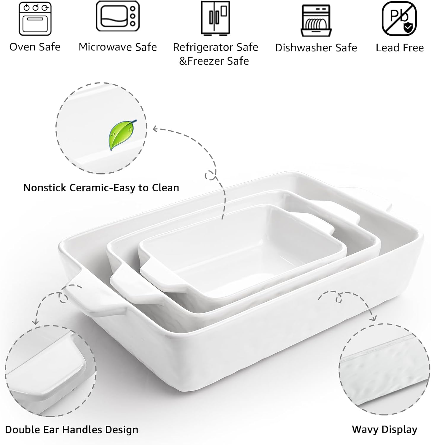 Regine Switzerland Casserole Dishes - Ceramic Baking Pan Set of 3 | Deep Lasagna Dish with Handles (11.6" x 7.8", White)