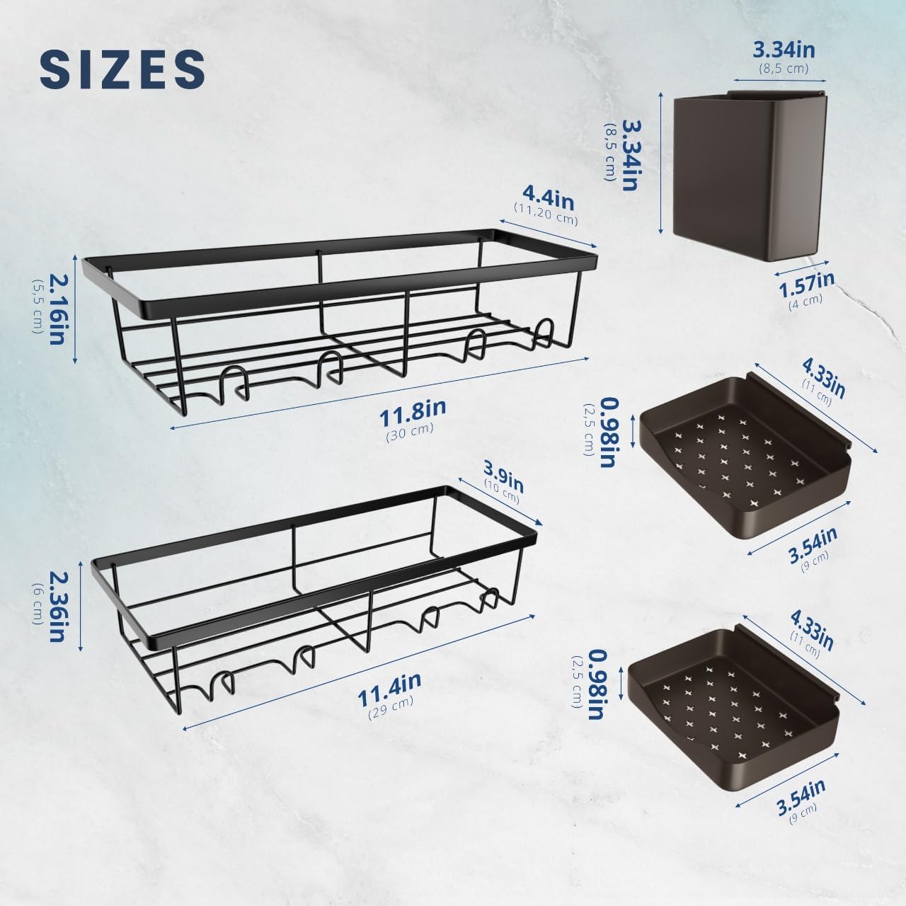Sben Shower Caddy - Rustproof Adhesive Organizer with Large Capacity | 5 Pack Bathroom Shelves in Black