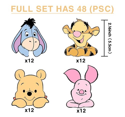 48Pcs Classic Winnie Cupcake Toppers - Baby Shower and Birthday Party Cake Decorations, Party Supplies