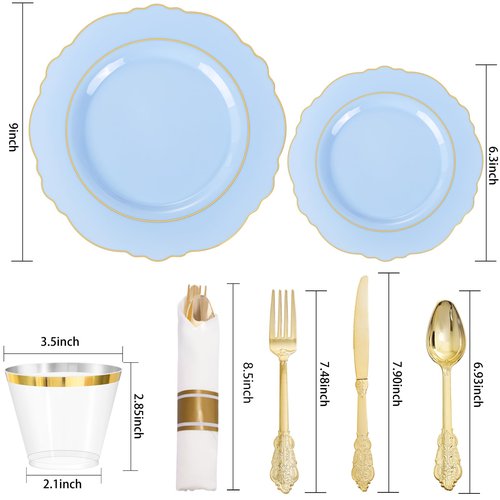 Liacere 175PCS Bule Plastic Plates - Disposable Ligh Bule and Gold Plates - Baroque Plastic Dinnerware 50Plates, 25Pack Pre Rolled Napkins with Silverware 25Cups for Baby Shower Party &Easter Day