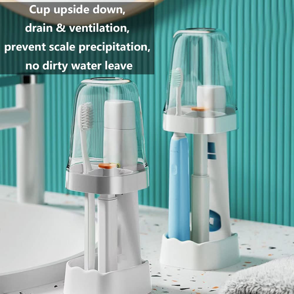 1 Pack 2 in 1 Bathroom Toothbrush Holder & Rinsing Cup with Adjustable Height, Dust Resistant and Water Draining Design, Toothbrush Holders with Cover (1, White)