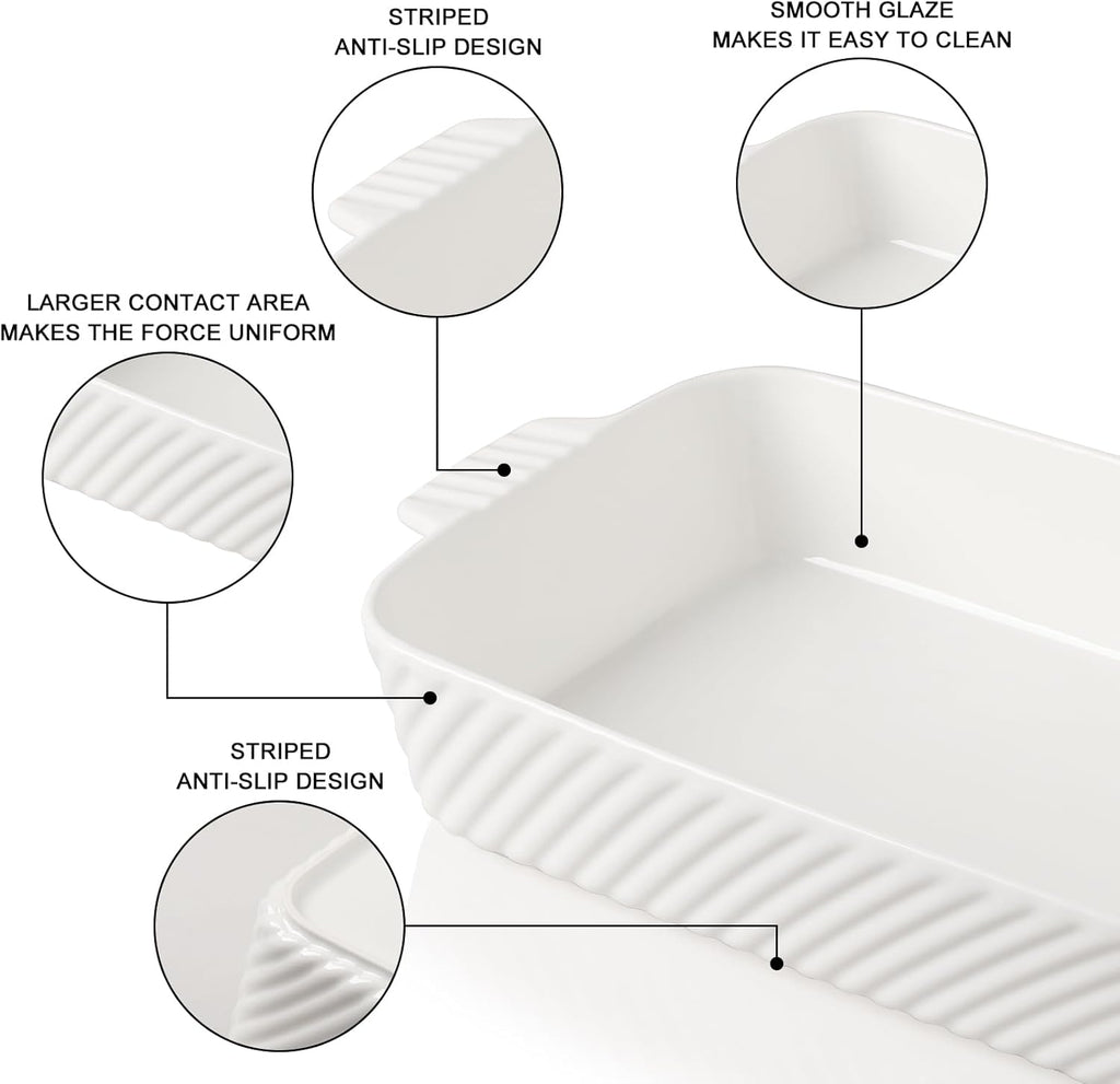 Sweejar Ceramic Baking Pan - 13 x 9 Porcelain Dish for Brownies & Lasagna | Oven Safe with Handle (White)