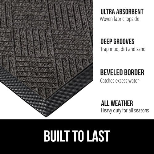 GORILLA GRIP WeatherMax Doormat - Heavy-Duty 17x29 Inch Gray Diamond + 3-Pack Black Carabiner Clips