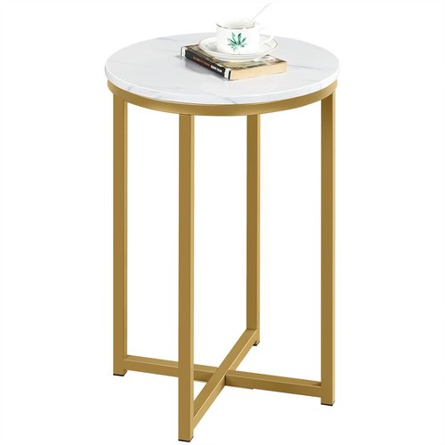 Yaheetech Faux Marble Side Table, 16in Modern Accent Sofa Table, Round Tabletop, Sturdy Metal Legs for Living Room, Mustard Gold