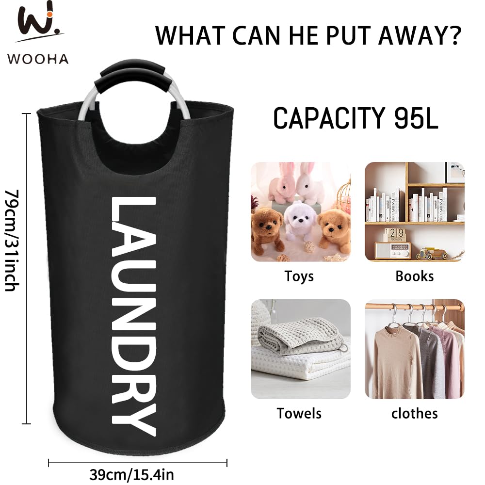 WOOHA 95L Large laundry baskets, Tall Clothes Baskets Folding Washing Bin Foldable Fabric Hamper Bags for Bedroom, Closet,Bathroom,College,laundry bag, black
