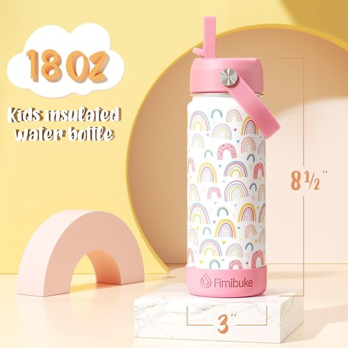 Fimibuke Kids Insulated Water Bottle - 18oz BPA-Free Stainless Steel Tumbler with Straw | Leak-Proof Design for School