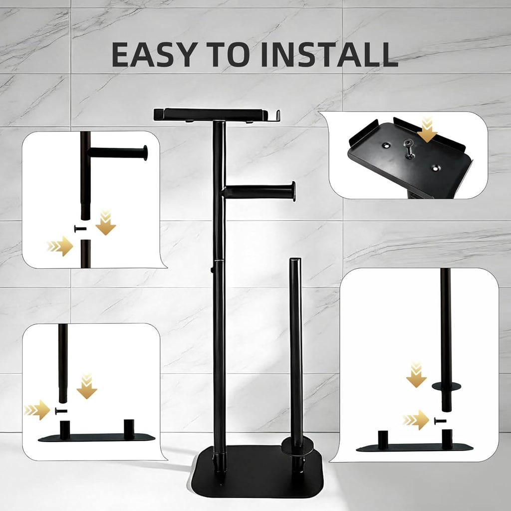 Skiennix Free Standing Toilet Paper Holder - Rustproof Metal Stand with Anti-Slip Base & Top Shelf | Black