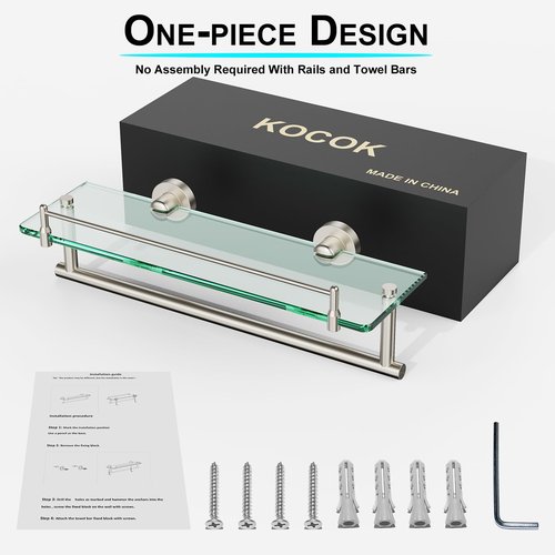 KOCOK Floating Tempered Glass Bathroom Shelf with Towel Bar - Brushed Nickel & Stainless Steel, Wall Mount 16 Inch