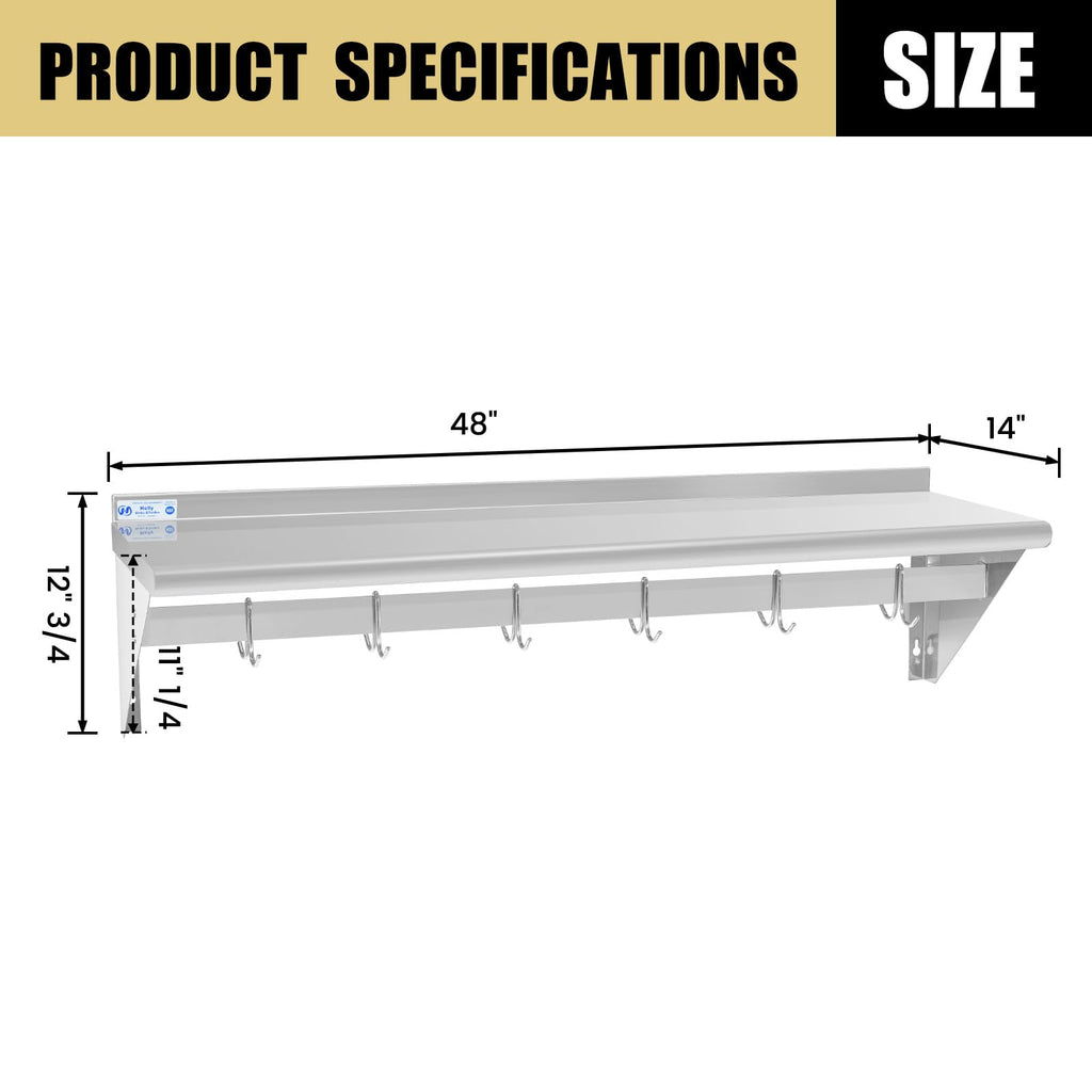 Hally Stainless Steel Shelf with 6 Hooks 14" x 48" Wall Mounted Pot Rack 350lb, NSF Commercial Floating Shelving for Storage Hanging Pots, Pans, cookware in Restaurant, Kitchen, Home and Hotel