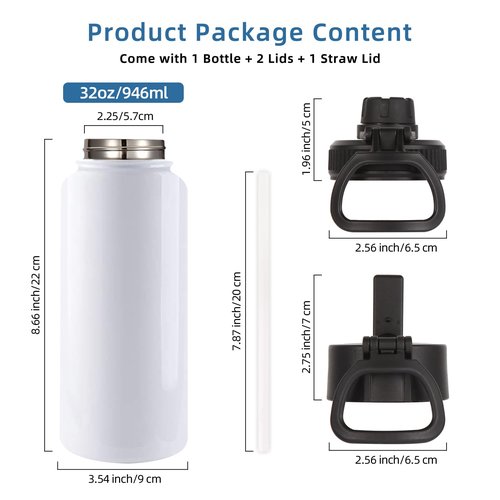 Volhoply Sublimation Insulated Water Bottles Blank Bulk 8 Pack, 32 oz Stainless Steel Sports Bottle with Straw, Double Walled Vacuum Metal Water Flask with Wide Mouth(Sublimation,8)