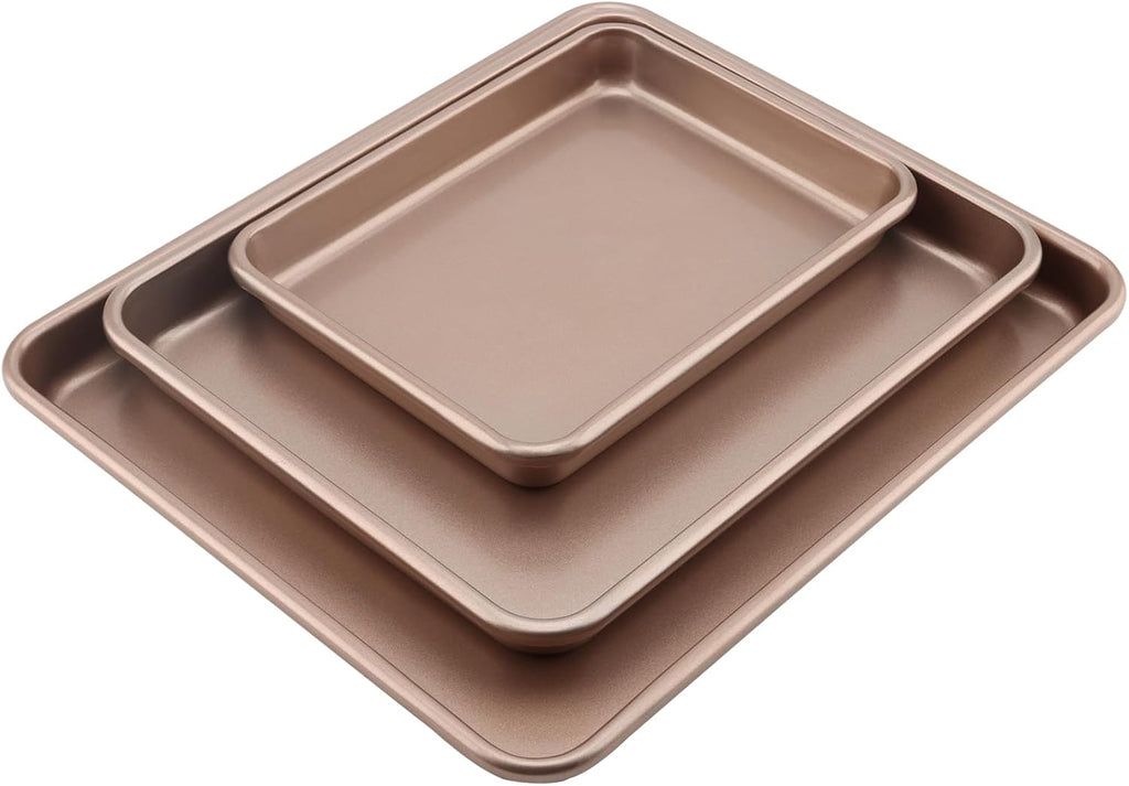 ZOENHOU Nonstick Baking Sheet Pan Set - 3 Sizes (9, 11, 13 Inch) | Ideal for Cookies, Cakes & Bread - Rose Gold