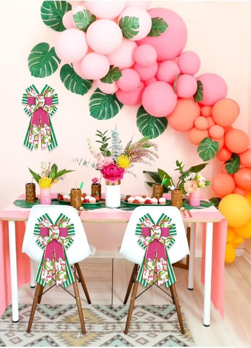Hying Large Summer Wreath Bows - Green Stripes & Pink Burlap Flamingo Design for Door Decor