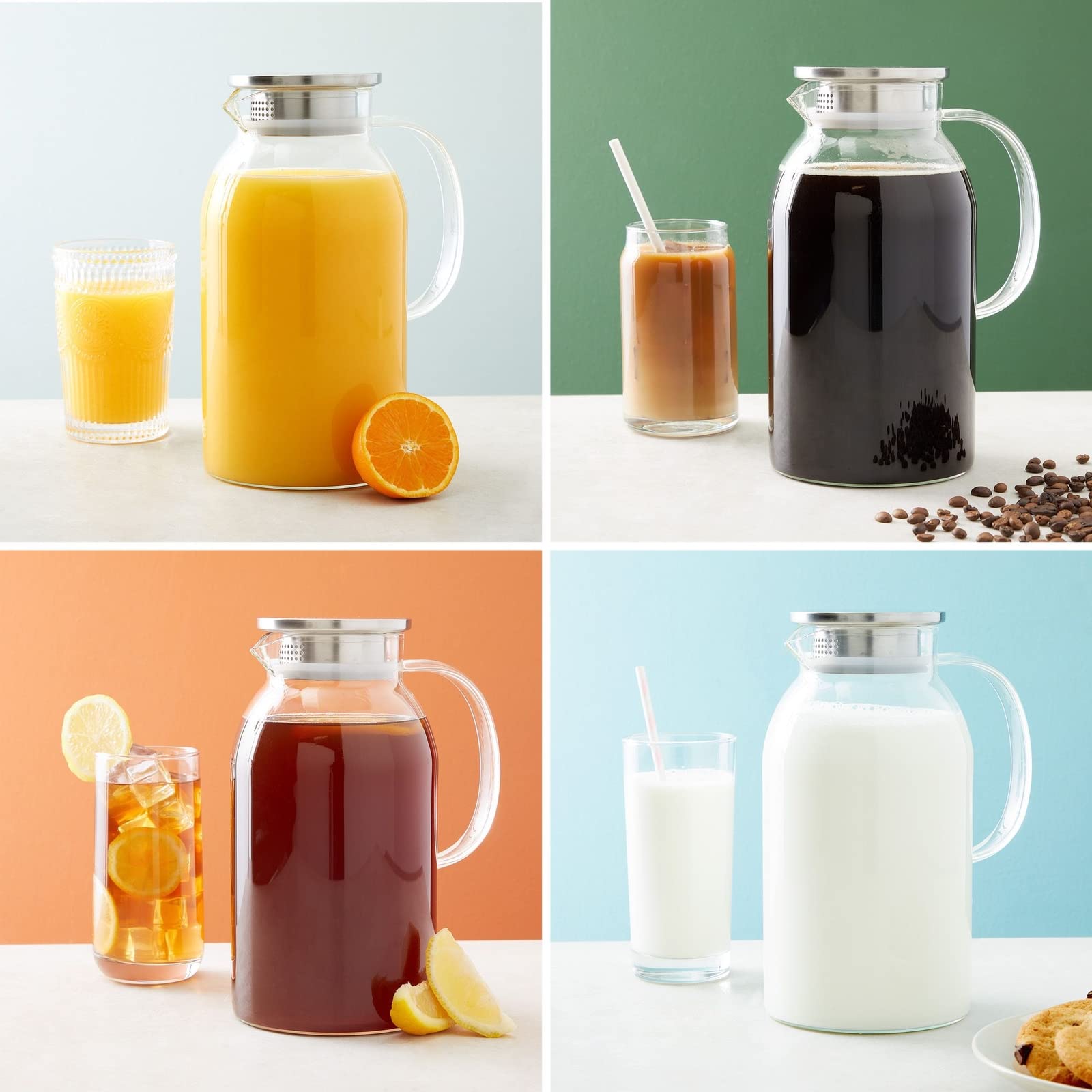 Okuna Outpost Glass Pitcher with Lid for Guests - 2.0-Liter (68 oz), Clear - Heat-Resistant Beverage Dispenser with Spout - Water & Iced Tea Pitcher - Kitchen & Refrigerator Organization