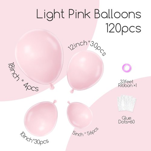 Awenztech Balloon Arch Kit - 120pcs Light Pink Latex Balloons in Various Sizes for Baby Shower & Birthday Party Decor