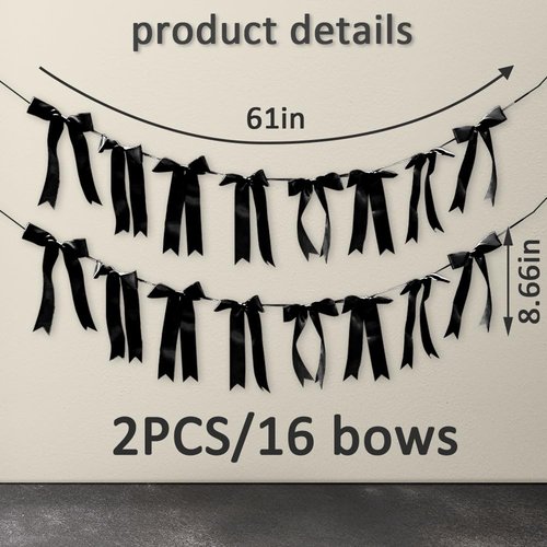 CHMOART 2 Strings Baby Shower Bow Black Garland Bows Wedding Hanging Bows Black Coquette Birthday Craft Bows Banner for Bridal Shower, Engagement, Anniversary Decorations