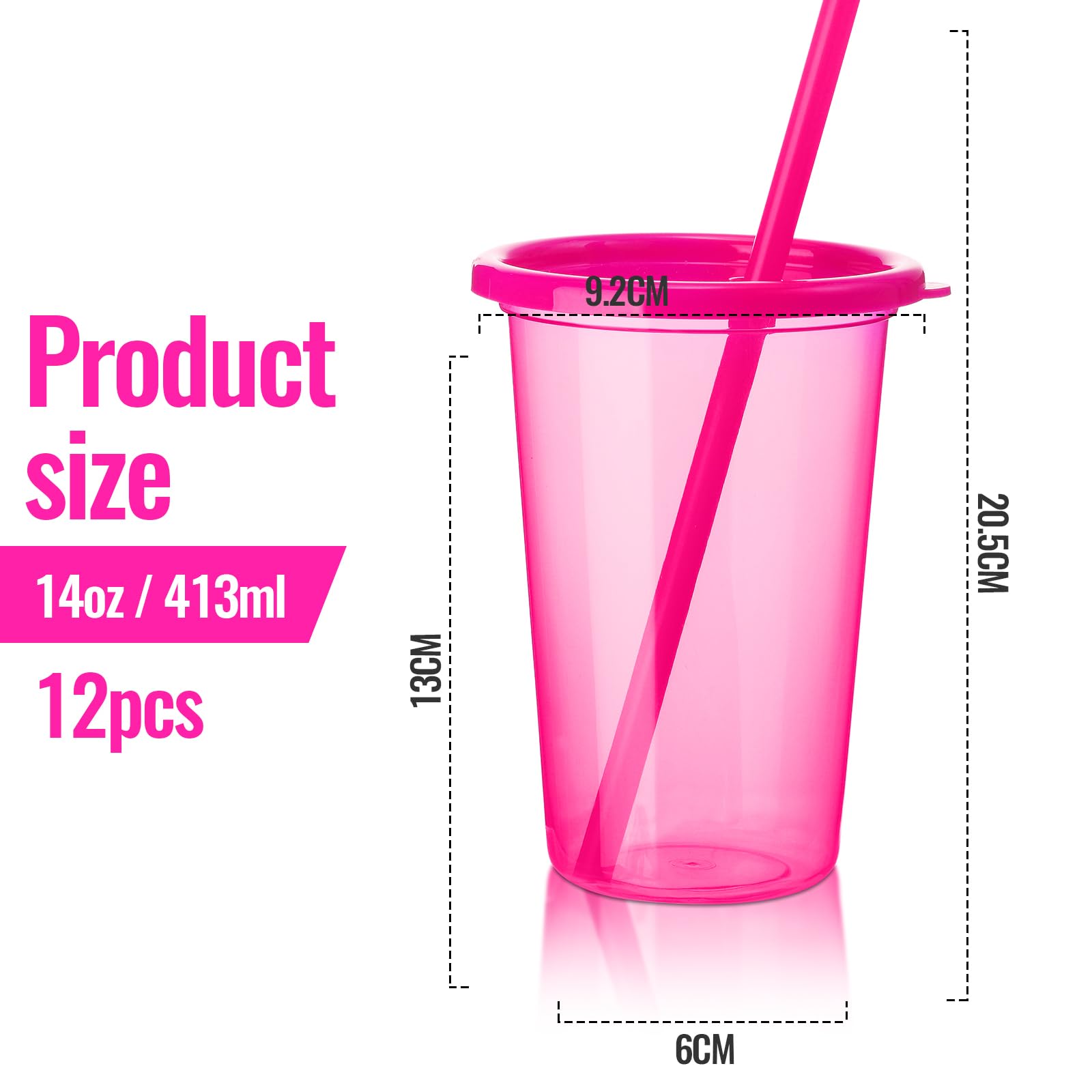 Nuanchu Plastic Cups with lids and Straws Reusable 14oz Tumbler with Sheets Letter Stickers for adult Iced Coffee Cup Travel Mug for Party Favors Beach Juices(Hot Pink,12 Pcs)