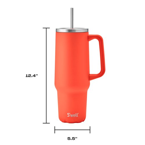 S'well Recycled Stainless Steel Tumbler XL with Straw and Handle, 40oz, Radiant Coral, Triple Layered Vacuum Insulated Container Keeps Drinks Cold 50 hours and Hot for 10, BPA Free