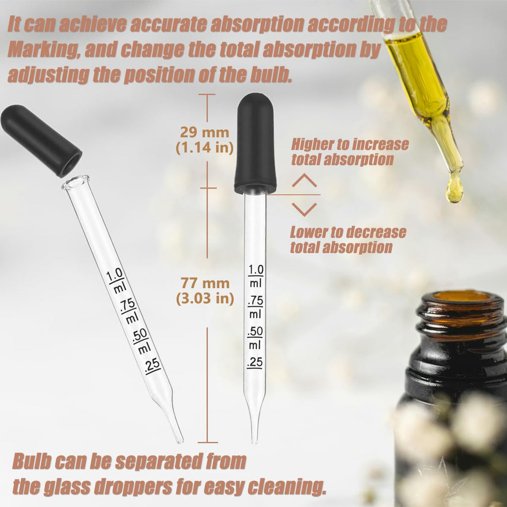 Skiennix 20Pcs Eye Droppers - Glass Pipette with Storage Case & Cleaning Brush for Essential Oils, Medicine, Crafts