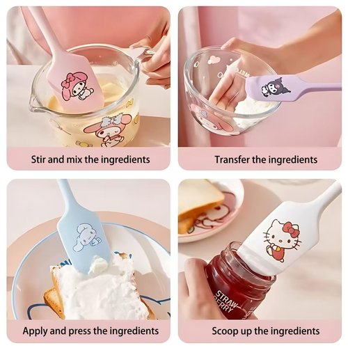 Cartoon Kitty silicone spatula, long handle non-stick rubber, heat-resistant, suitable for cream, jam, blenders, and applicable for cooking and baking (White KT)