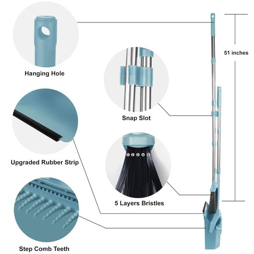 Tiumso Upgrade Broom and Dustpan Set, Broom with Dustpan Combo Sets, Large Brooms and Dust Pan with Handle, Self-Cleaning Dust Pans, Heavy Duty Broom and Dustpans Set for Lobby Kitchen Office - Green