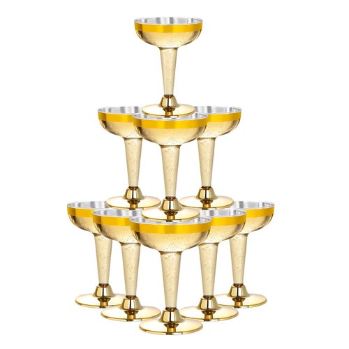 Lullaby 50PCS 5oz Plastic Champagne Coupe Glasses with Gold Rim, Elegant Plastic Champagne Glasses, Unbreakable and Crystal Clear, Perfect for Weddings, Parties, Birthdays, and Special Occasions