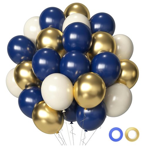 Navy Blue and Gold Party Balloons, 50 Pcs 12 Inches Navy Blue Gold White Latex Balloon for Birthday,Baby Shower, Graduation Decorations