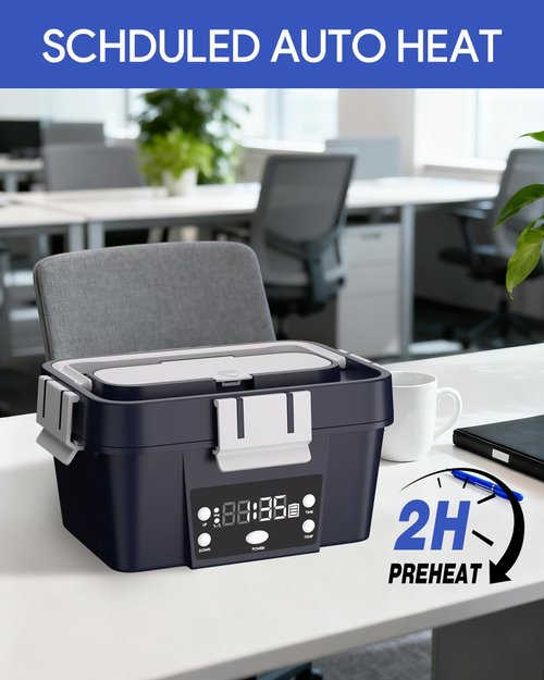 Gorgeous Cordless Electric Lunch Box, Smart Timer Auto Heating Lunch Box with Large Capacity, 10000mAh Rechargeable Food Warmer for Work, Car, Home, Leakproof Bento Container for Adults (Dark Blue)