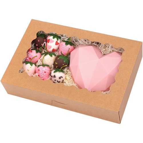 Moretoes 15pcs Bakery Boxes, 12x8x2.5 Inches Auto-Popup Cookie Boxes with Windows for Chocolate Covered Strawberries, Donuts, Pastries (Brown)