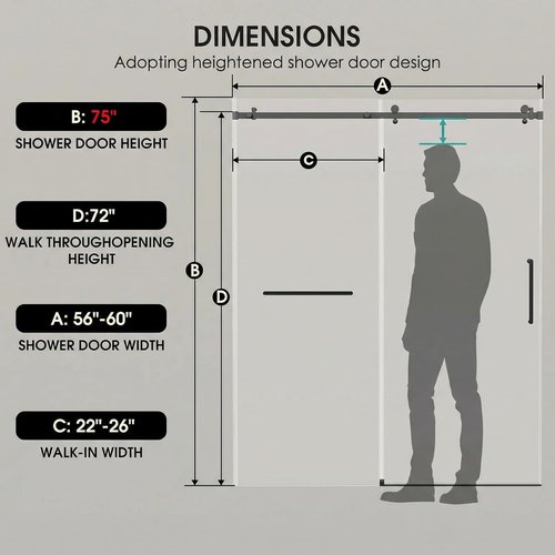 Frameless Glass Shower Door - 5/16'' (8mm) Sliding Design | 56-60 in. W x 75 in. H | SGCC Tempered Glass, Matte Black