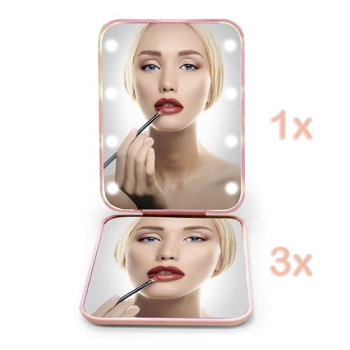Kintion Compact LED Pocket Mirror - 1X/3X Magnification, Portable & Folding, Pink Travel Makeup Mirror
