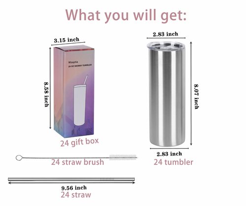 Wzaytia 24 Pack 20 Oz Stainless Steel Straight Tumblers, Insulated Slim Skinny Travel Cup Set, BPA-Free Lids and Straws Included, Silver