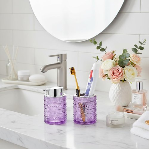 Tonxus Purple Bathroom Accessory Set, Glass Foam Soap Dispenser and Toothbrush Holder Set, Bathroom Soap and Toothbrush Holder Set, Glass Foaming Hand Soap Dispenser for Countertop Decor