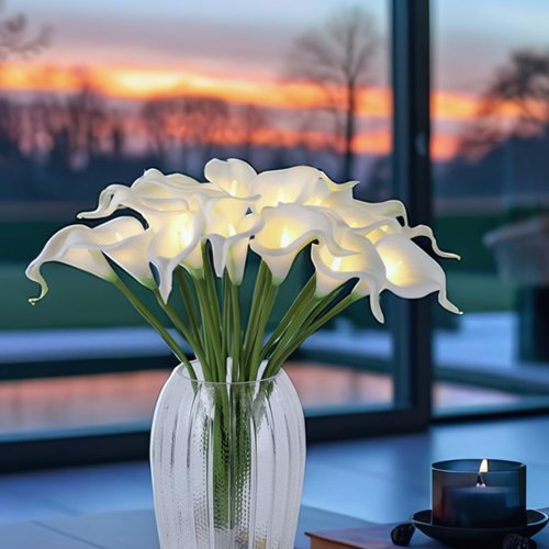 HOMESEASONS LED Lighted Artificial Flowers Calla Lily Bouquet 20 Stems Real Touch Calla Faux Flower Lights for Valentine's Day Gift and Easter Home Kitchen Wedding Dining Table Decor(White, No Vase)