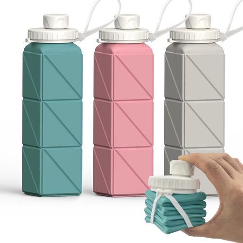 BEAUTAIL Collapsible Water Bottles 20.6oz, Silicone Foldable Portable Travel Water Bottle, BPA-Free, Leakproof Reusable for Traveling Camping Hiking Sports Outdoor, 3 Pack (Blue+Pink+Starlight)
